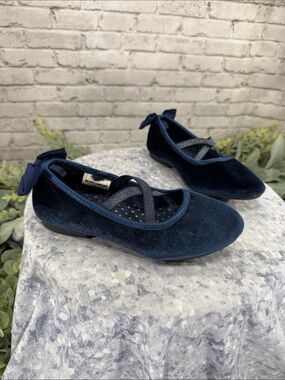 OSH KOSH B’GOSH “Vashti” Dark Navy Blue Velvet Ballet Bow Flats 💙 Girls 12M EUC